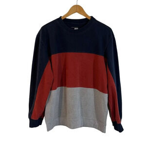 ODA Mens Crewneck Size Large Striped Colorblock Navy Burnt Orange Gray Pullover